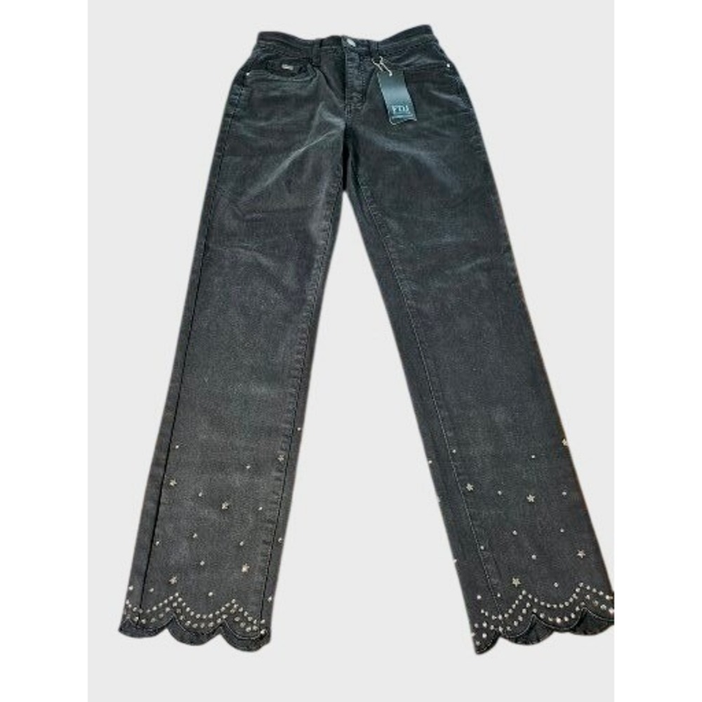 FDJ French Dressing Jeans Suzanne Slim Straight Women 2 Black NWT Scalloped Hem